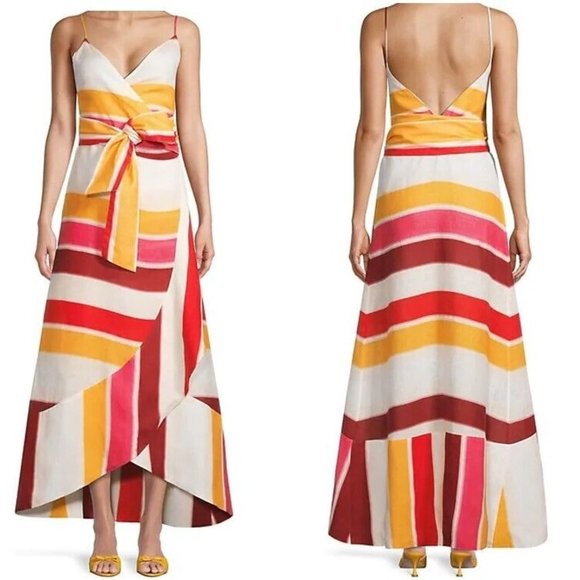 Juan de Dios Sophia 100% Linen Striped Maxi Wrap Dress Sz 4 Multicolor NWOT $520 - Picture 1 of 15